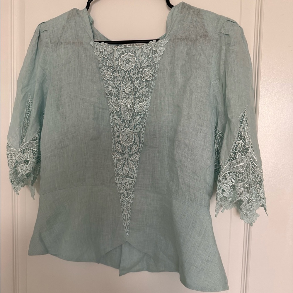 Cloak Of Many Colors Liberty & Lucrezia Set Sz 12 Linen Lace Mint Top Skirt VTG - Picture 2 of 14